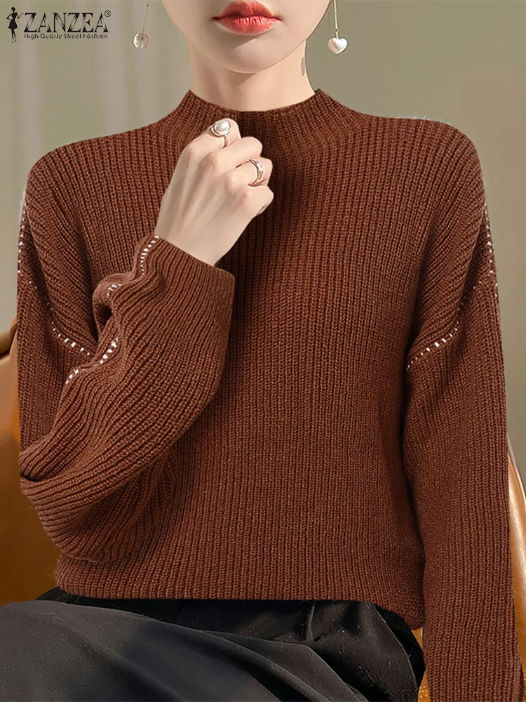 

ZANZEA 2025 Autumn Winter Womens Sweaters Turtleneck Knitted Long Sleeve Pullovers Contrast-Stitching Oversize Loose Tops Jumper