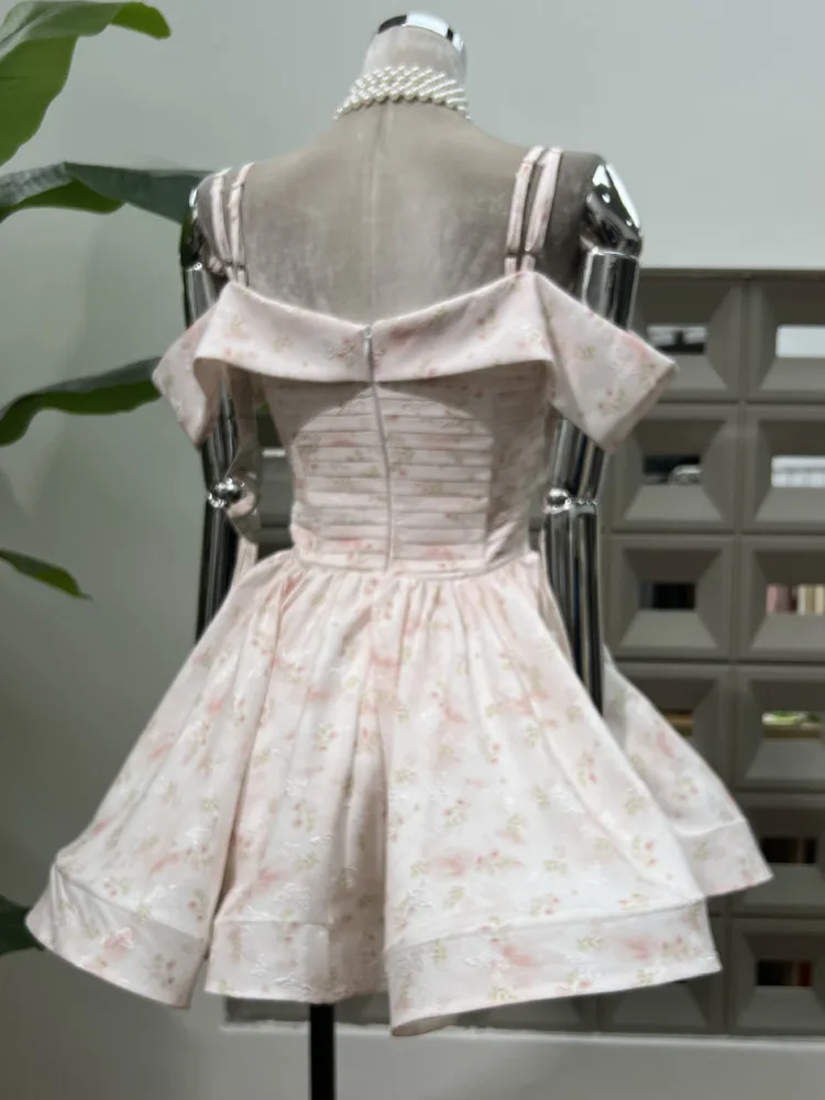 DFDG 2025 Resort Women’s Off Shoulder Floral Flounce Dress Elegant Smocked Waist Vacation Wear Spring Summer Fashion Dress