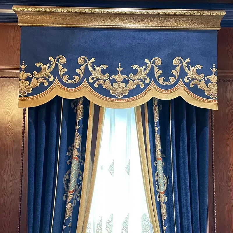 New Blue Chenille Jacquard Splice Thickened Blackout Curtains For Living Room Bedroom Villa Embroidered Yarn Customized Valance