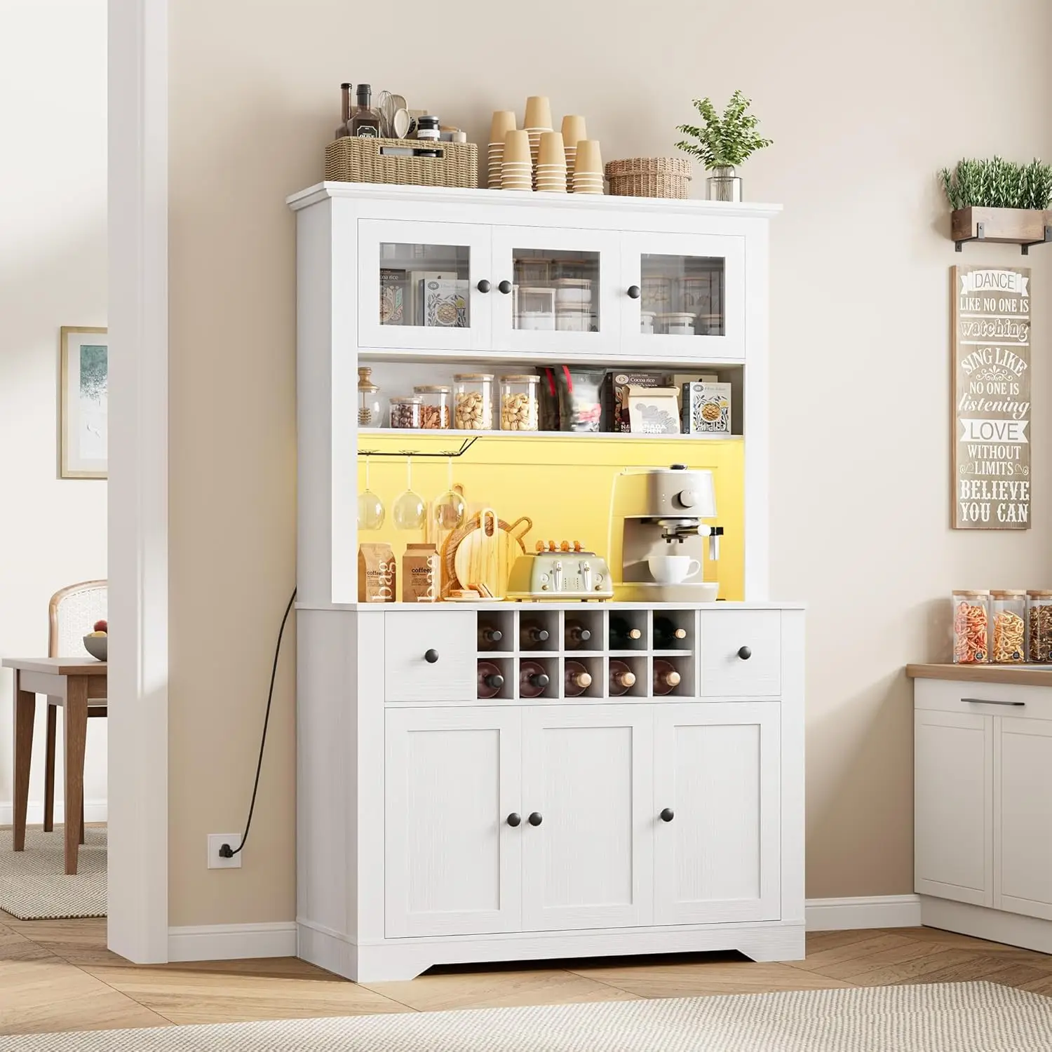

69" Tall Pantry Cabinet with LED Lights & Charging Station, Large Kitchen Pantry Storage Cabinet, Kitchen Hutch Coffee Bar Cabin