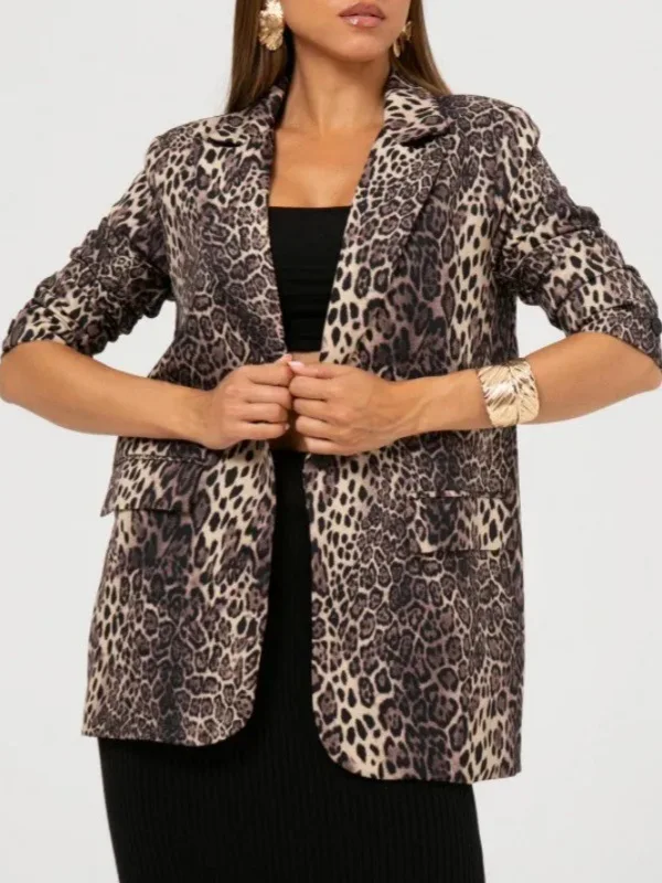 

Spring Summer Women Retro Leopard Print Blazer Fashion Versatile Printed Casual Suit Jacket Outerwear