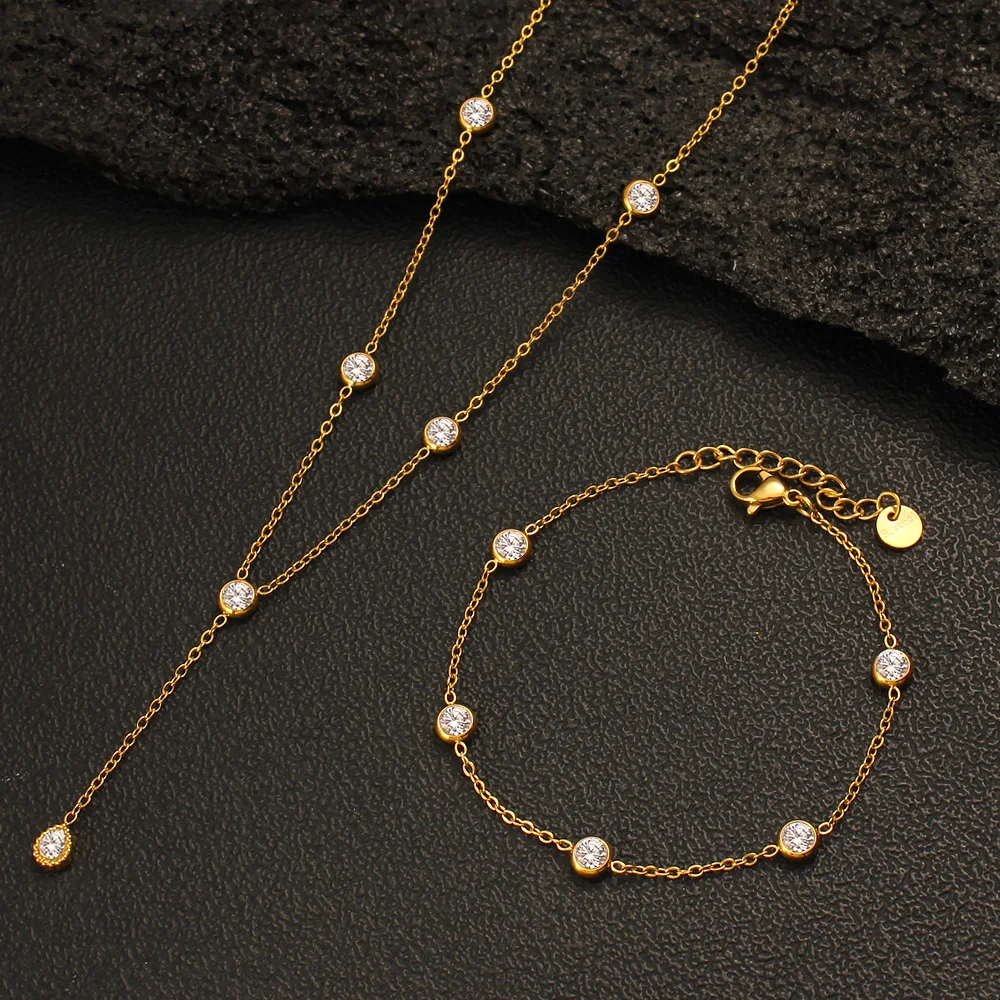 Minimalist Simple Cubic Zirconia Inlaid Chain Jewelry Set Women Couple Chic Stainless Steel Bracelet Necklace Daily Wear