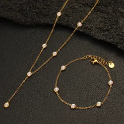Minimalist Simple Cubic Zirconia Inlaid Chain Jewelry Set Women Couple Chic Stainless Steel Bracelet Necklace Daily Wear
