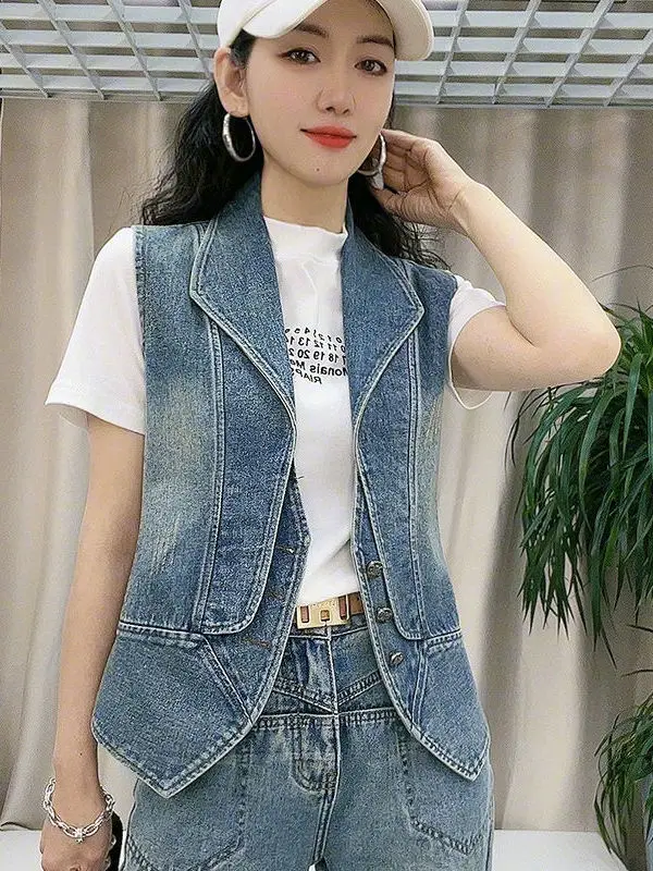 

Short Denim Vest Women's Outerwear Spring Summer Autumn New Korean Style Slimming Sleeveless Shoulder Pad Vest Jacket