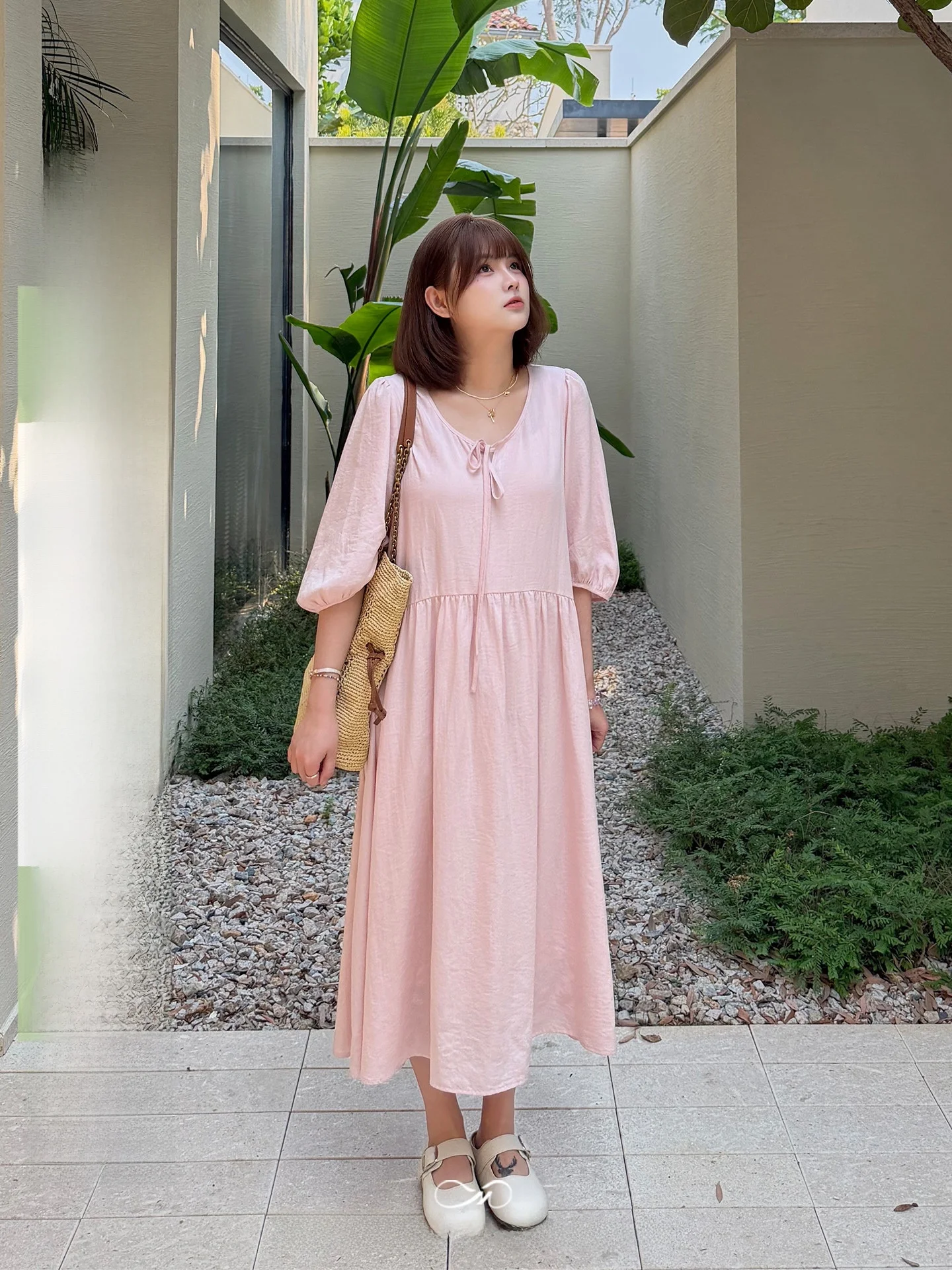 

Женское платье больших размеров Mascotte, нежно-розовое, летнее, повседневное, свободного кроя, с рукавами-фонариками, V-образным вырезом, средней длины, А-силуэт