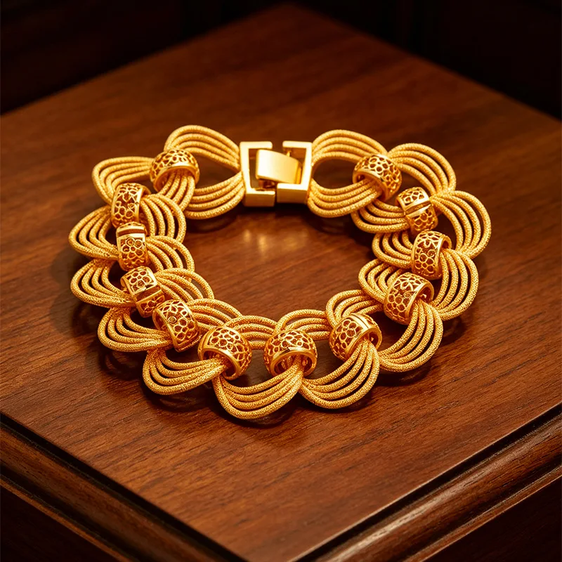 Luxury 24K 9999 Pure Gold real gold Multi-layer Mesh Bracelet Women's Multi-layer Ring Buckle Watch Chain