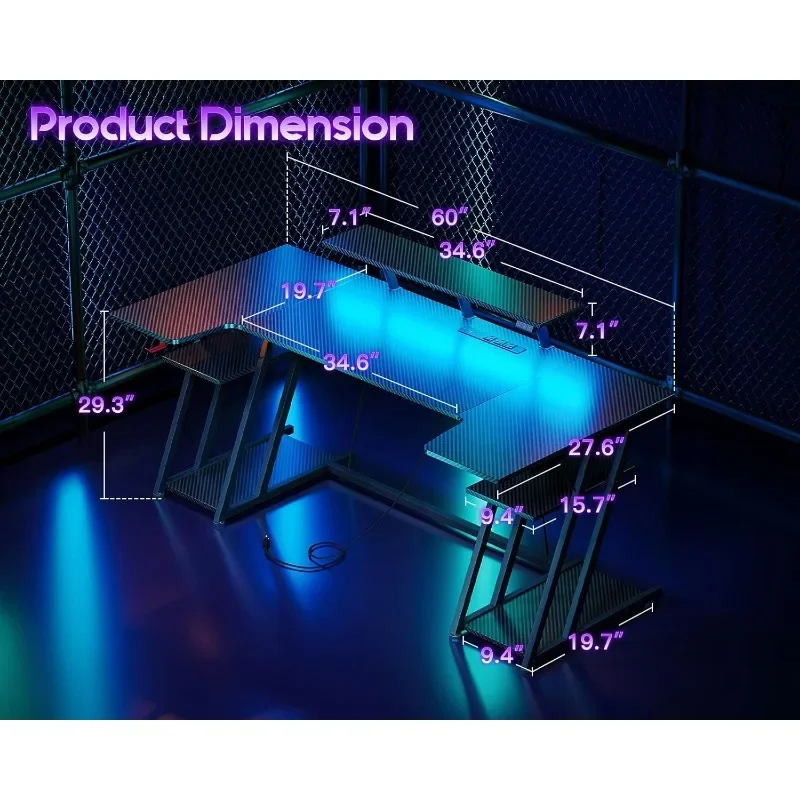 LED Light, 60-inch U-shaped Desk with Power Outlet, Storage Rack, Monitor Stand and Headphone Hook, Black