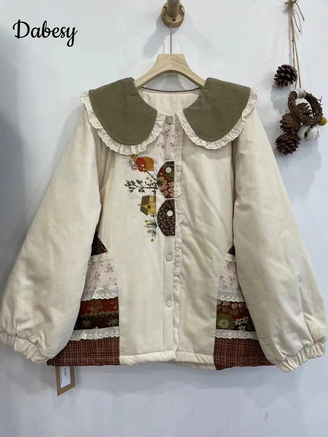 Japanese Mori Girl Peter Pan Collar Corduroy Patchwork Loose Cotton Parka Women Vintage Flower Embroidery Winter Jacket Warm Top