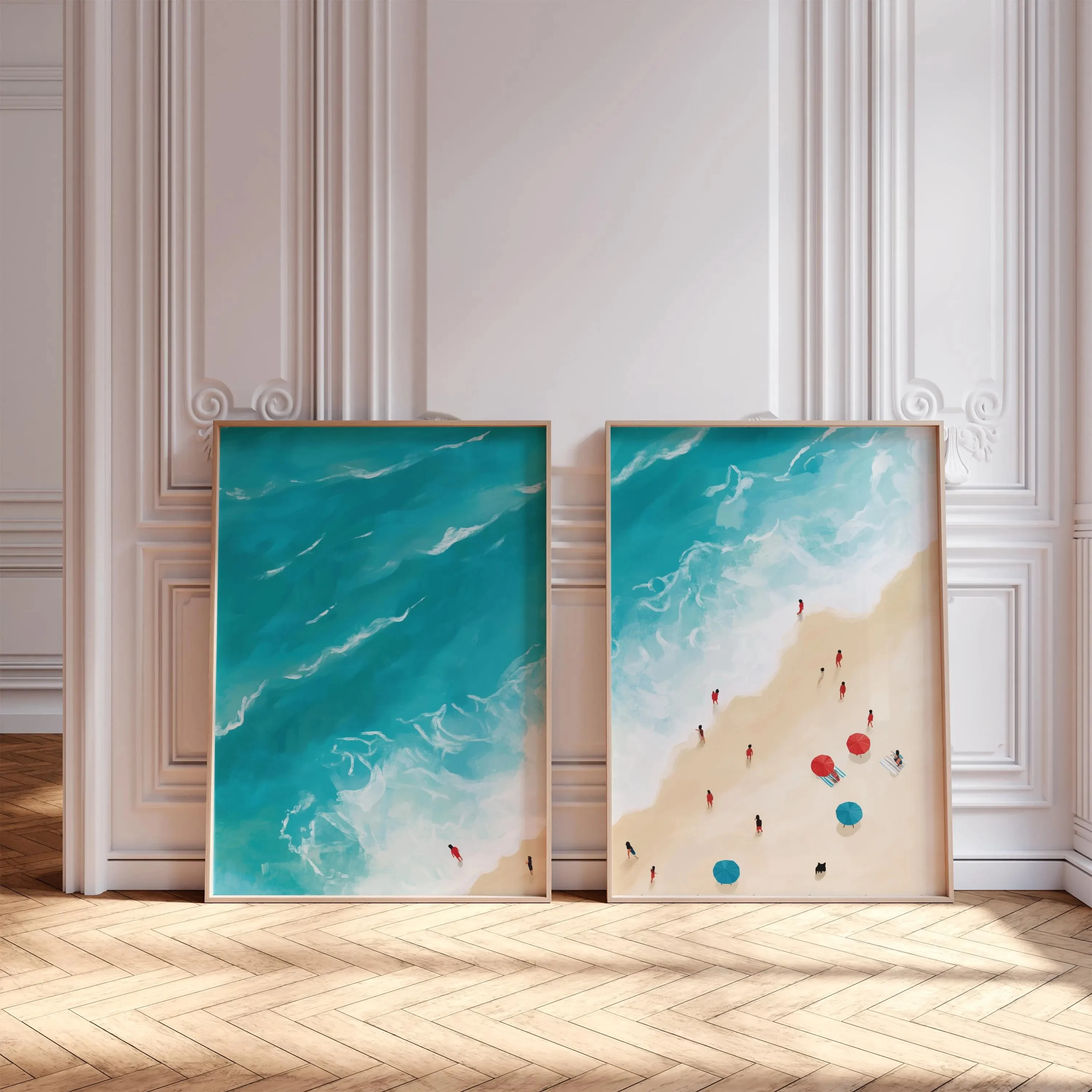 2PC Summer Swimming Prints, Coastal Beach Wall Art, Beach House Decor, Tiny People in Ocean Posters, Minimalist Art Decor
