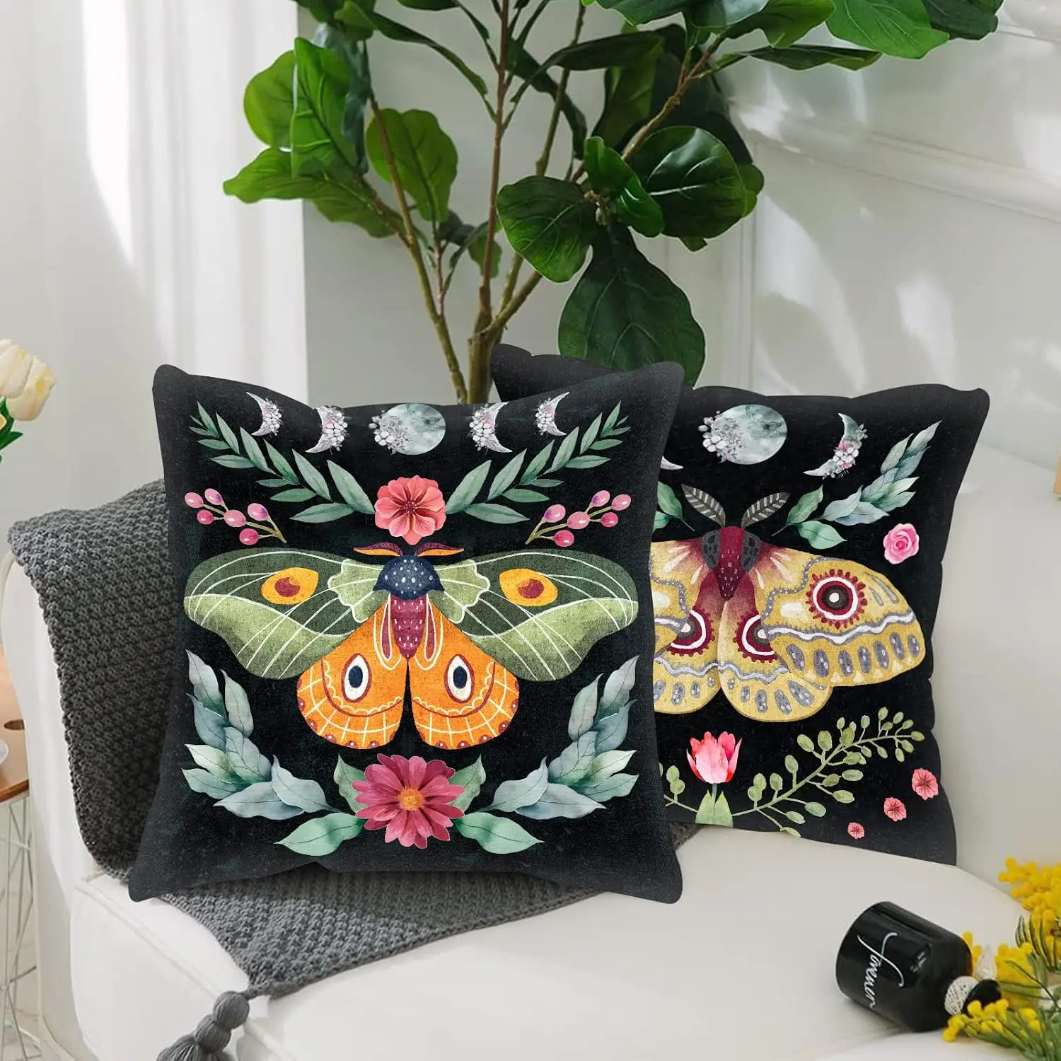 Tropical Set of 4 Double Sided Throw Pillow Covers Butterfly Flower Moon Phase Cushion Cases Decor Couch Sofa Home