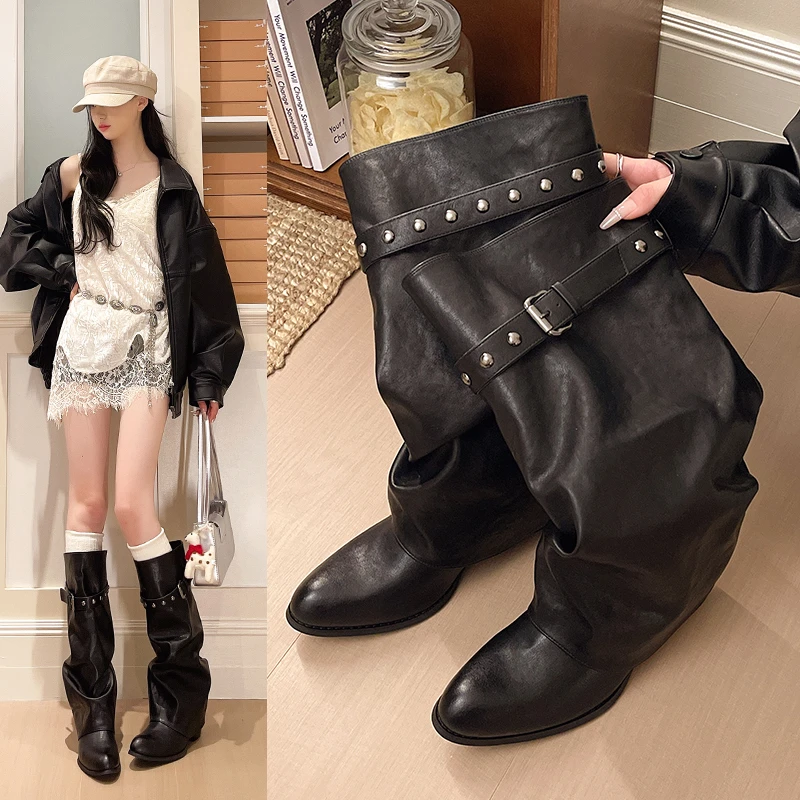 Lange Nietenstiefel - 2026 Neuer Stil Runde Spitze Retro Stylische Lange Stiefel