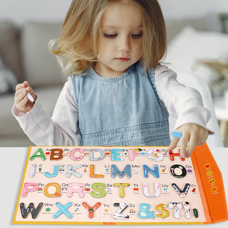 Jeu de société de lettres anglaises magnétiques en bois Montessori, livre d'apprentissage des langues de l'alphabet, dos, puzzles, jouet pour enfants