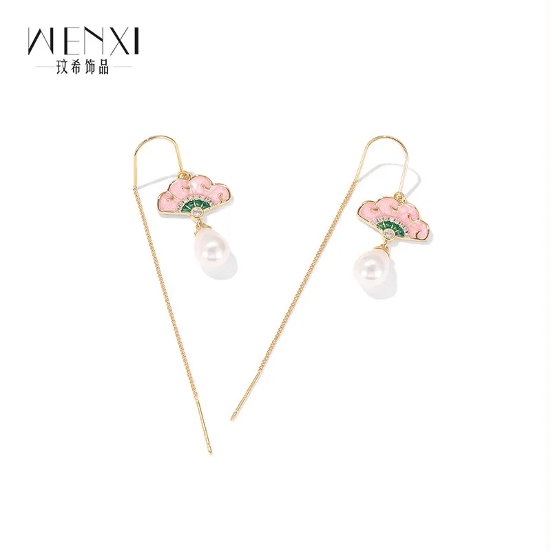 2026 New Chinese Style Pink Enamel Fan Imitation Pearl Dangle Threader Earrings For Women Delicate Hanfu Cheongsam Matching Jewe