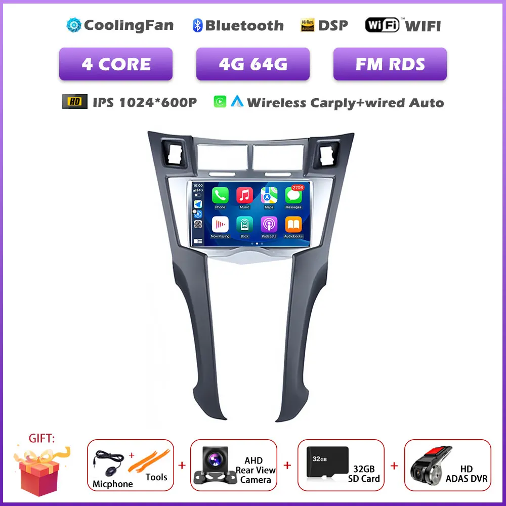 7 inch autoradio voor Toyota Yaris 2005-2011 met Carplay, Android 16, navigatie, GPS, multimedia, videospeler en Bluetooth.