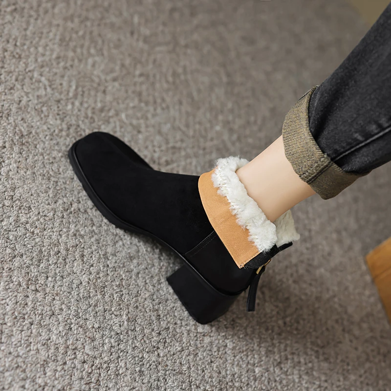 2026 موضة طفل الجلد المدبوغ النساء الكاحل الثلوج أحذية الشتاء عالية الكعب أحذية دافئة جولة تو دراجة نارية عادية أحذية بوت قصيرة 34-40 #4