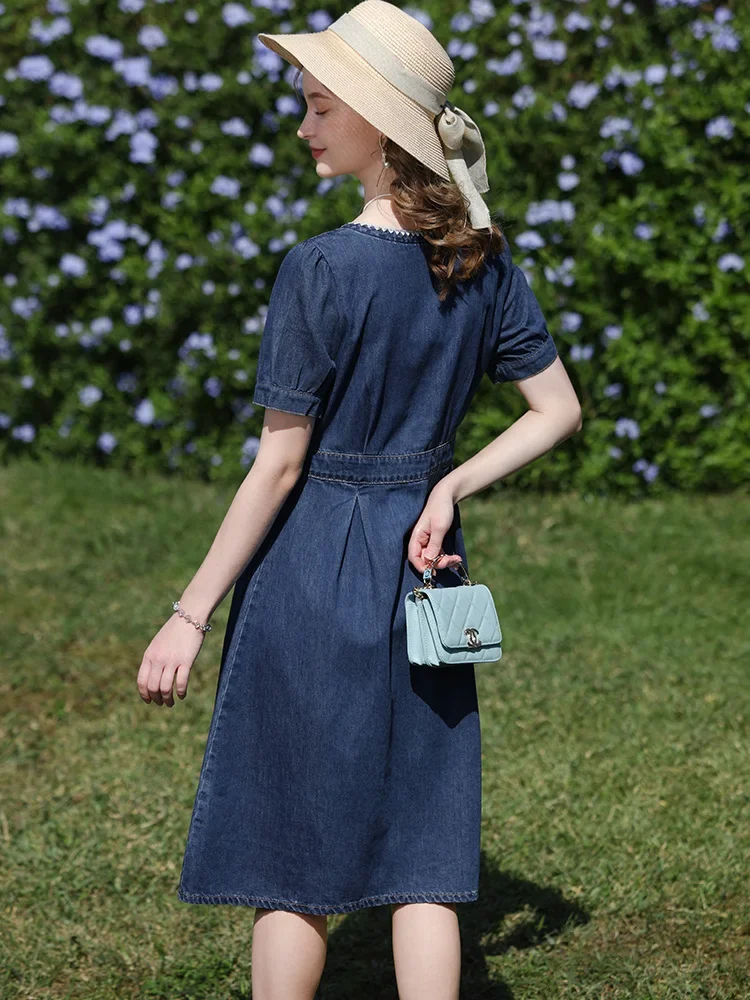 I BELIEVE YOU French Women Denim Dresses Square Neck Embroidery 2024 Summer New Short-sleeved Gentle Retro Lady Dress 2241095535