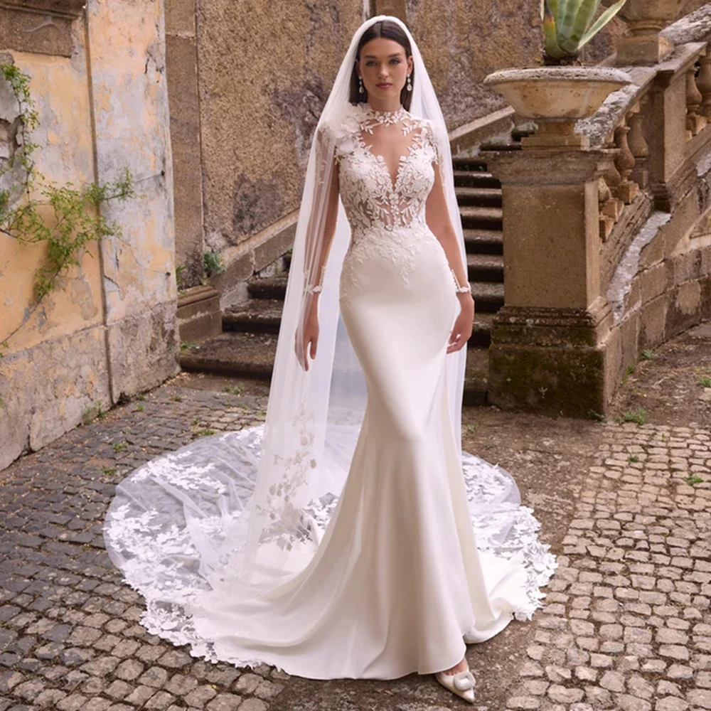 Abito da sposa sexy Vestido De Noiva maniche lunghe personalizzate vedere attraverso il corpo applique corte strascico abito da sposa a sirena