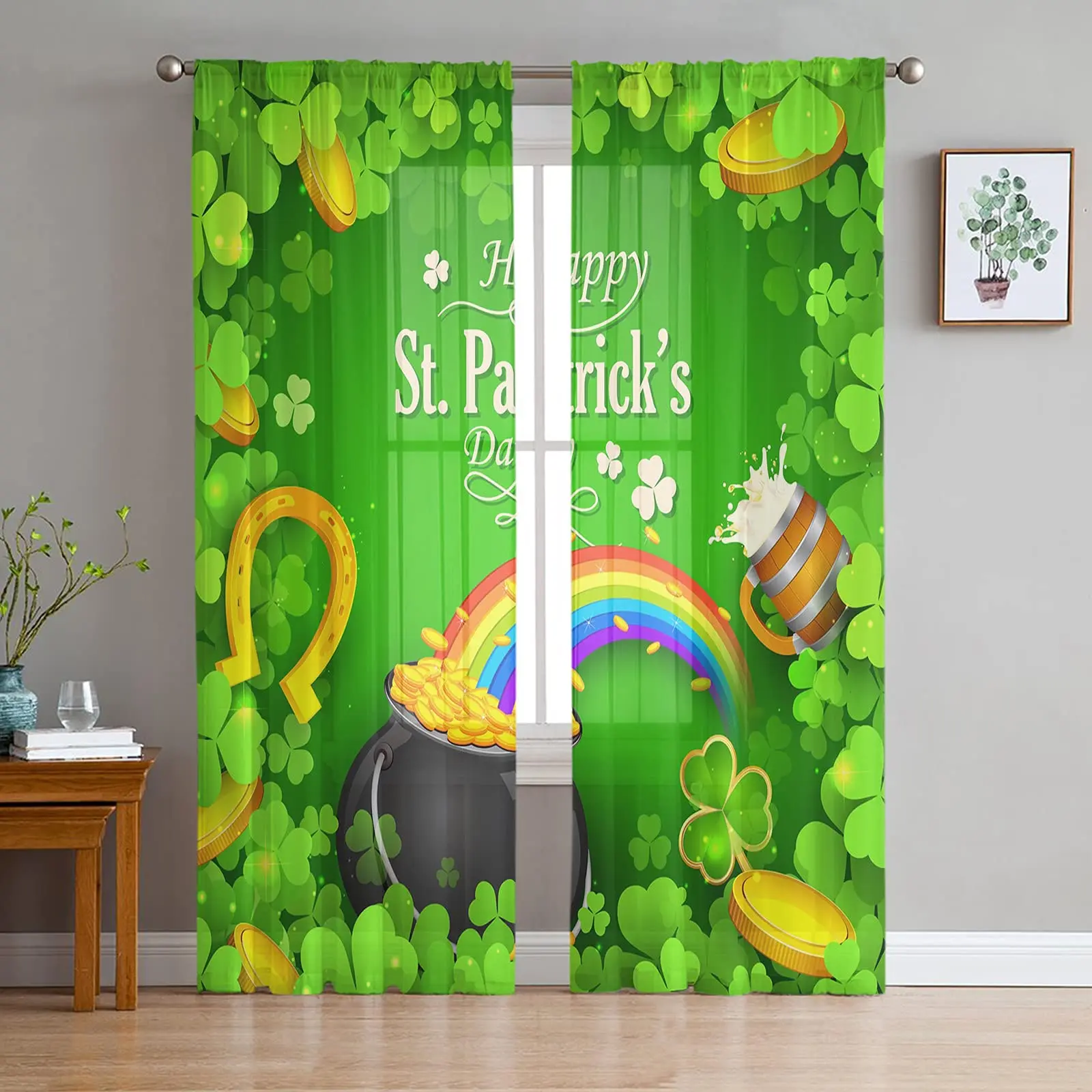 St.Patrick's Day Sheer Curtains Shamrocks Gold Beer Hat Voile Curtain Green Lucky Leaves Window Drapes for Bedroom Living Room