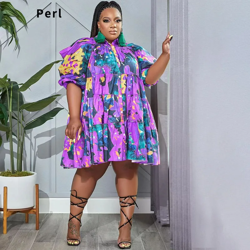 Perl Printed Loose Plus Size Dress for Women Summer Outfit Puff Sleeve Cake Dress vestidos de verano tallas grandes 5xl largo