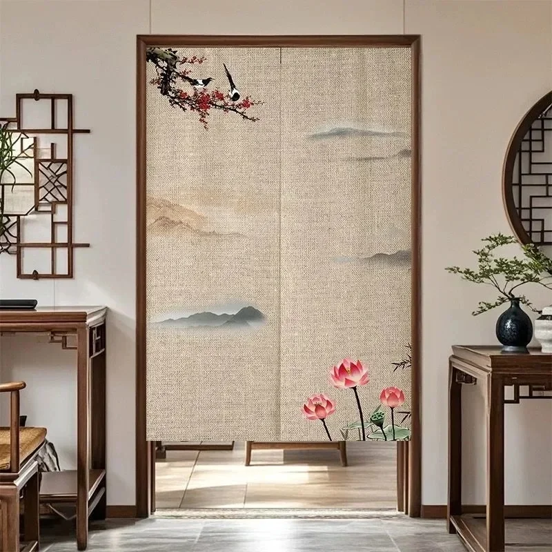 VIKAMA Vintage Oriental Noren Curtain Linen Texture Magpie Plum and Lotus Landscape Pattern Fabric Doorway Partition Curtain
