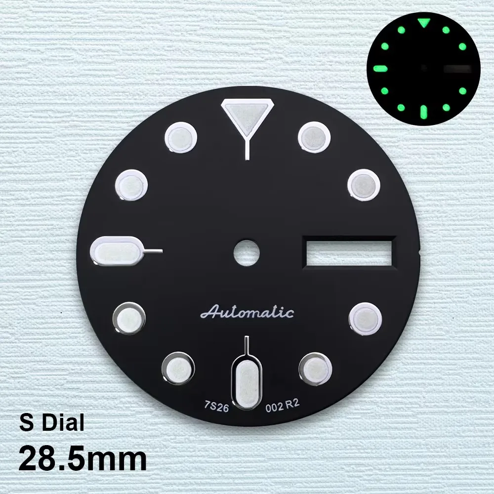 28.5mm S 5 Logo SKX007 Black Dial Suitable for NH36/4R36 Movement Green Luminous Dual Calendar Watch Modification Accessories