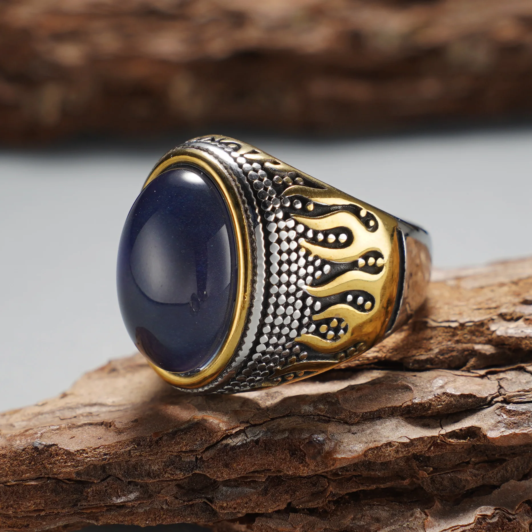 Herren Vintage 316L Edelstahl Zweifarbiger Ring, Eingelegt mit Tigerauge, Temp-Stein, Rotem Achat und Schwarzem Achat, für Tägliches Tragen und als Geschenk – Detail 4