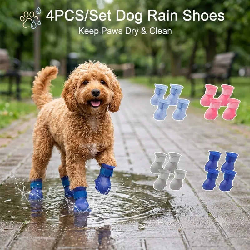 

4PCS Waterproof Dog Rain Shoes Adjustable Anti-slip Dogs Cats Rubber Boots Paw Protector Rainy Day Outdoor Walking Pets Footwear