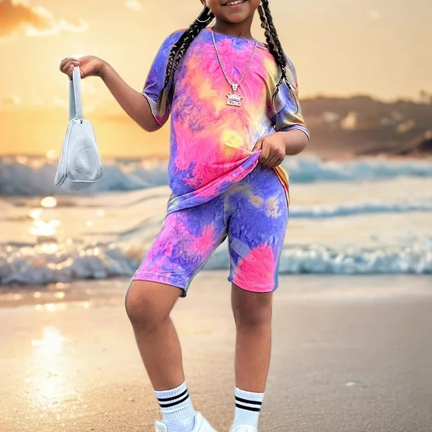 Girls Summer Casual Clothing Sets Baby Girl Short Sleeve O-neck Tie-dye Print T-shirt Tops + Shorts Children Fashion Sports Suit