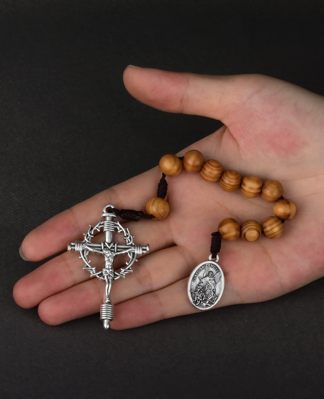 تاج الكرمة من الشوك الصليب مسمار الصليب سانت مايكل ميدالية جيب الوردية اليدوية خشبية خرز للصلاة العقد الأول سلسلة شابليت