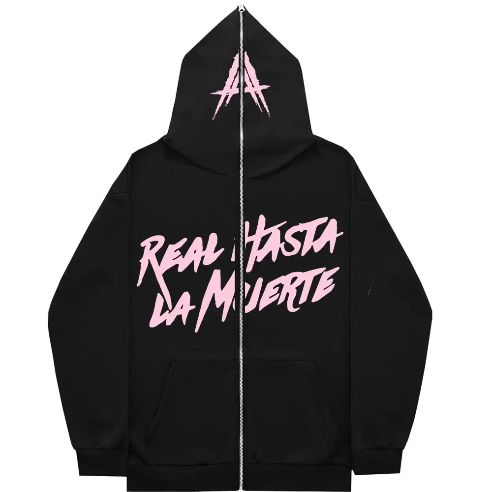 Men's Hoodies with Full Face Zipper, Inner Fleece Sweatshirt, Women's Streetwear Tops, AA Real Hasta La Muerte