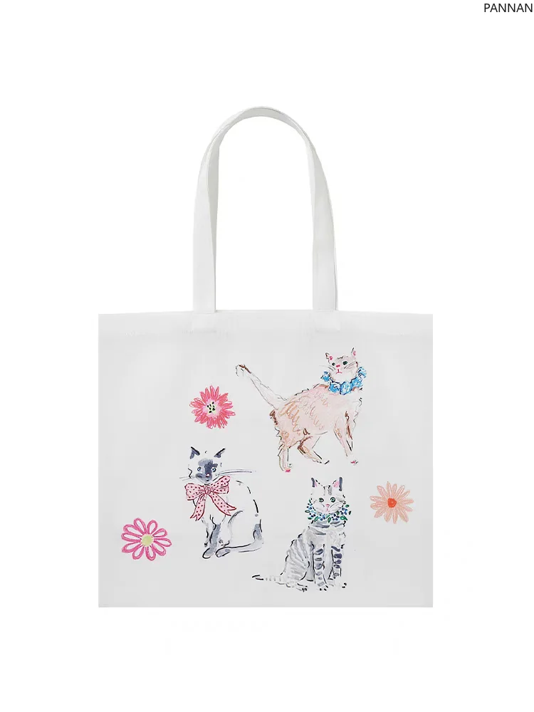 

Lazy Wind Custom Hand Painted Flowers Cat Casual Commuter Versatile Canvas Bag