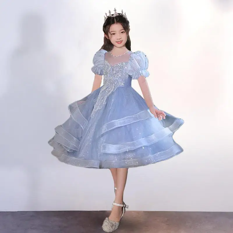 2024 Round Neck Bubble Sleeves Children Girl Evening Dress First Communion Ruffle Princess Dresses for Girls Sequin Luxury Gown