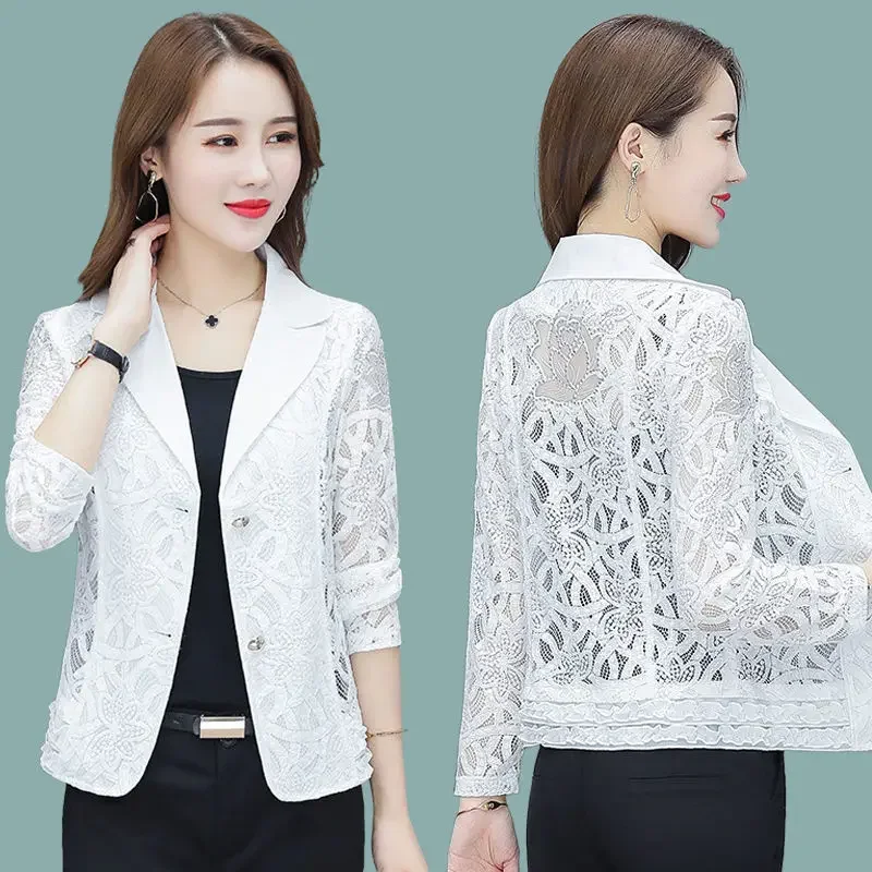 Spring Summer Women Fashion White Short Slim Blazer Hollow Lace Long Sleeve Casual Jacket Office Ladies Work Wear M-5XL E135