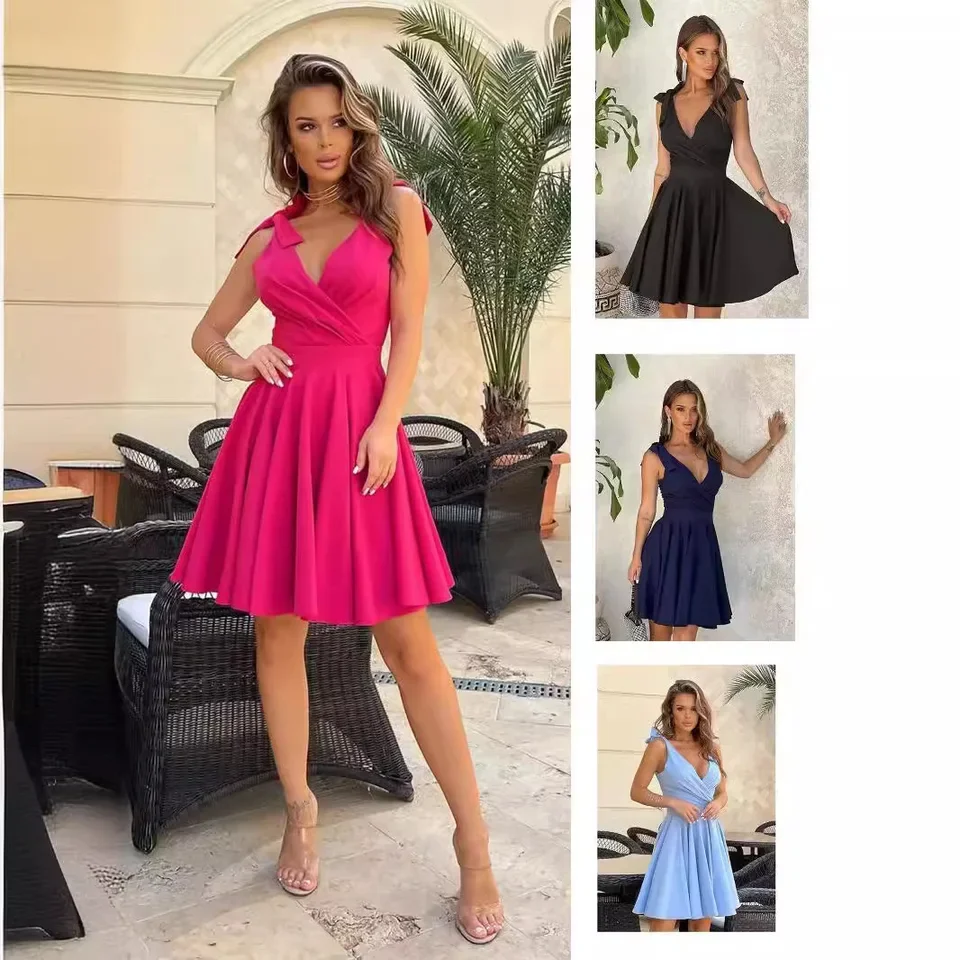 

Summer Women's Fashionable Shoulder Strap Bow Dress Sexy Deep V-neck Suspender Open Back Casual Dress Elegant Women Solid Dress