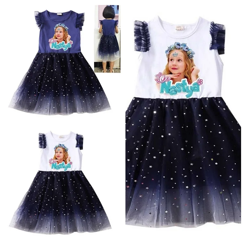 Dance Like Nastya Show 2-14 Years Clothes Baby Girls Sleeveless Casual Dresses with Small Bag Kids Cartoon Wedding Party Princes