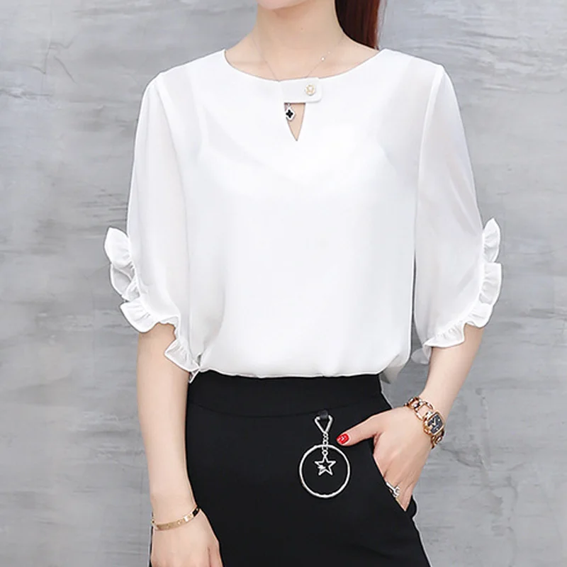 O-Neck Chiffon Ruffles Blouse Summer New Solid Color Short Sleeve All-match Thin Office Shirt Tops Elegant Fashion Women Clothes