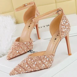 BIGTREE Shoes Fashion Sequin Cloth Woman Pumps Hollow Buckle Heeled Sandals Summer Shoes Stilettos Heels 9 Cm Luxury Party Shoes