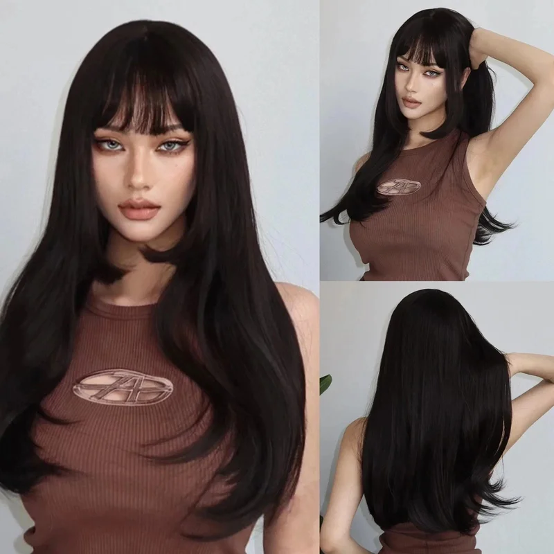 Real Hair New Fashion Long Natural Dark Brown Wavy Women's Full Wigs 24 In