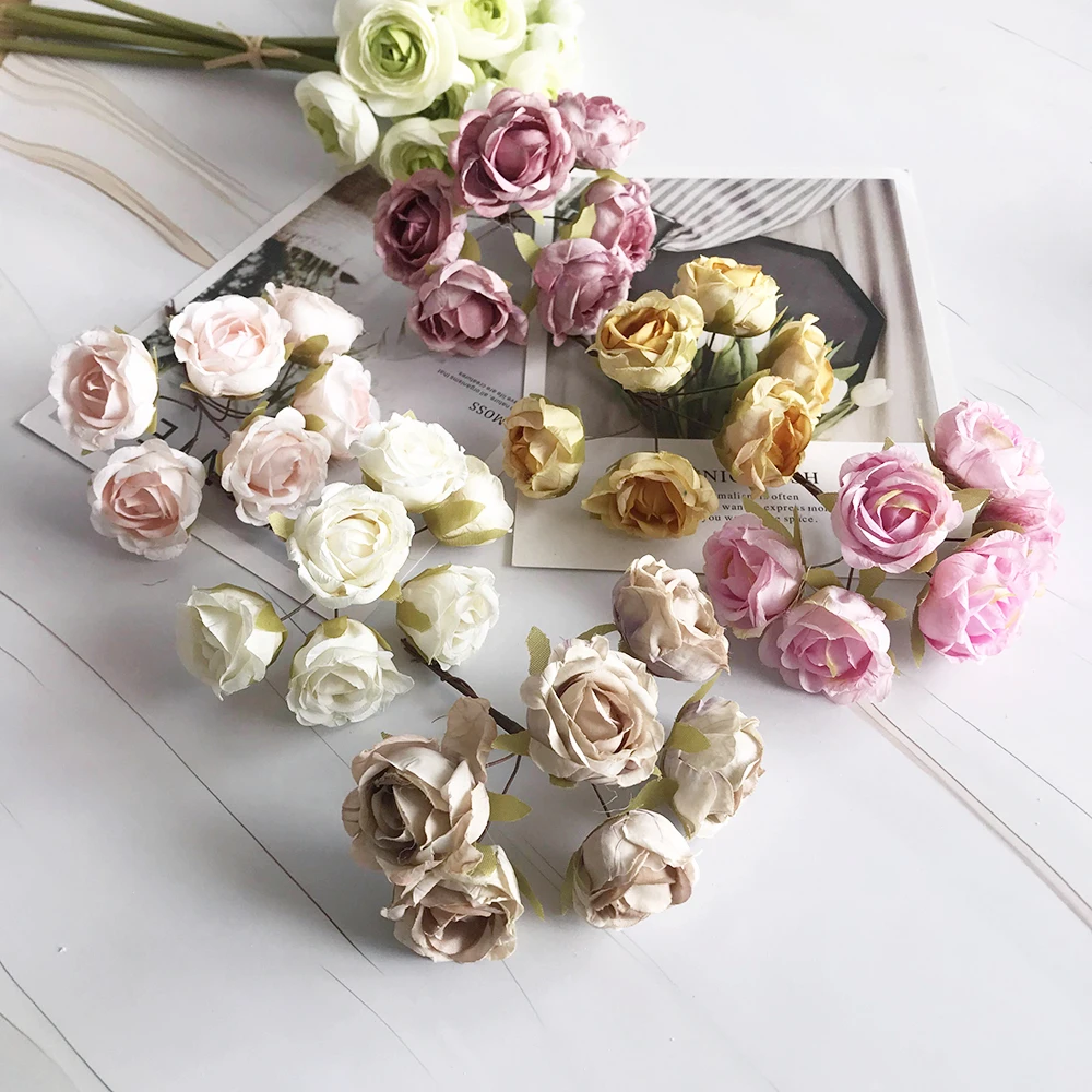 

European-style retro rayon tea roses 6 small flower buds bouquet wedding home retro fake flower party DIY decoration