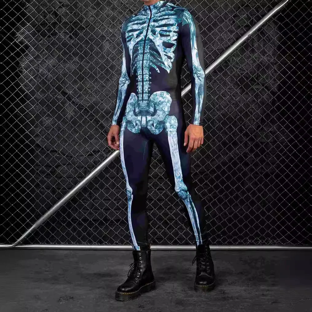 NUOVI uomini tuta cosplay 3D stampato tuta teschio cerniera Zentai sexy stile Mech per la festa di Halloween aderente sottile