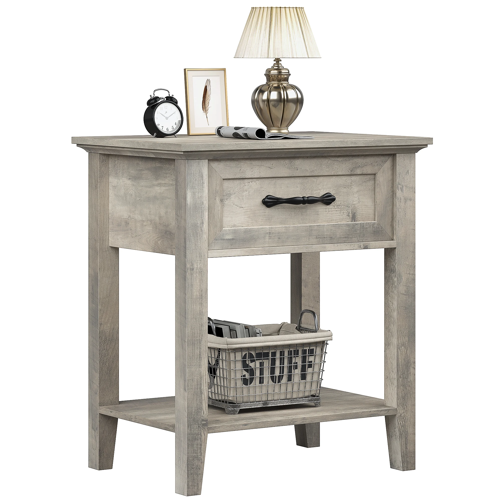 Grey Nightstand End Table Side Table Living Room with Drawer and Storage Shelf Wood Night Stand Bedside Table for Bedroom