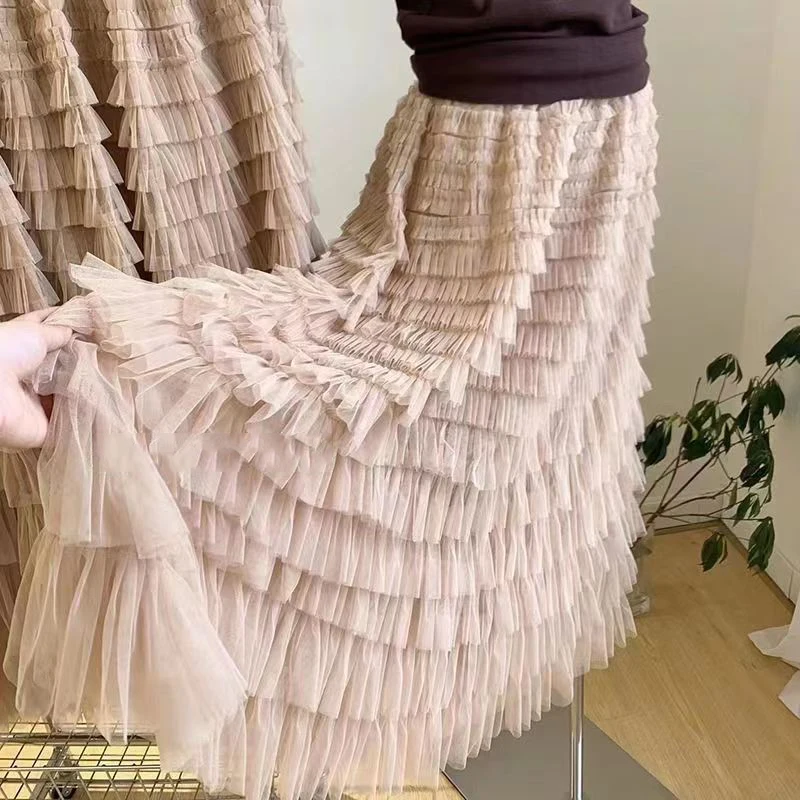 Sommer Frühling Damen Mehrschichtiger Rüschen Tüllrock Plissee Hohe Taille Flauschiger Maxirock Feenkuchenkleid Langer Tutu Partyrock – Detail 14