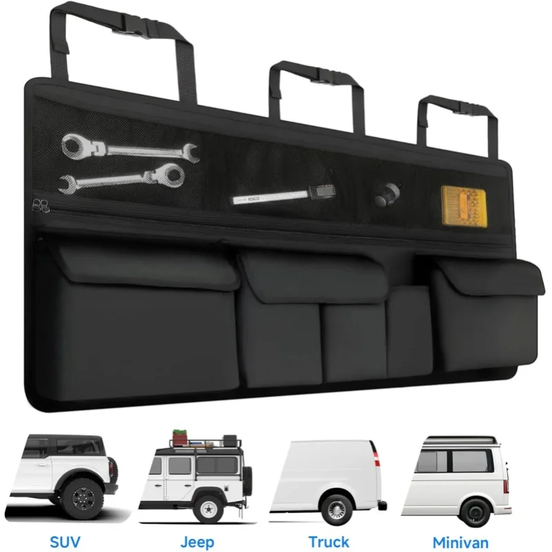 Schwarze Auto-Rücksitz-Organizer-Tasche mit hängendem, faltbarem Stauraum, wasserdichter Oxford-Kofferraum-Organizer für SUV, MPV, Minivan und LKW