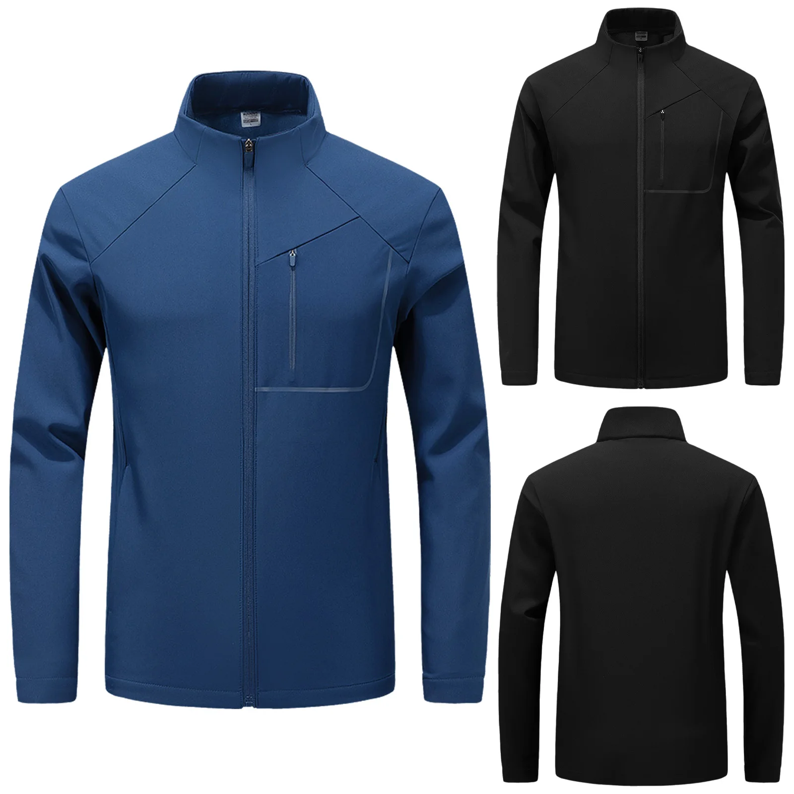 #M-6XL Men Fleece-Lined Water Resistant Golf Jacket Stand Collar Long Sleeve Zipper Athletic Coat Outerwear with Zip-Up Pockets