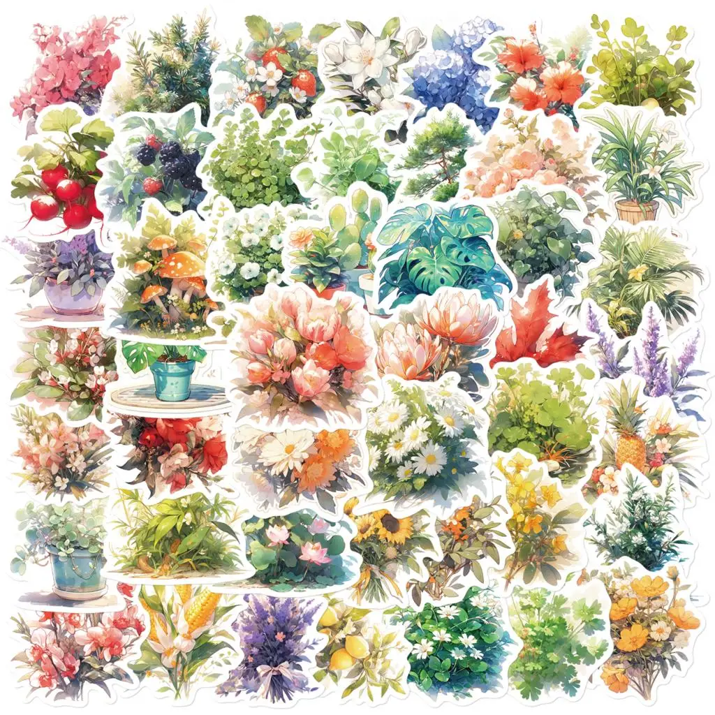 50PCS Watercolor Style Plants Stickers Decals DIY Laptop Skateboard Luggage Phone Case Helmet Waterproof Kids Sticker Packs