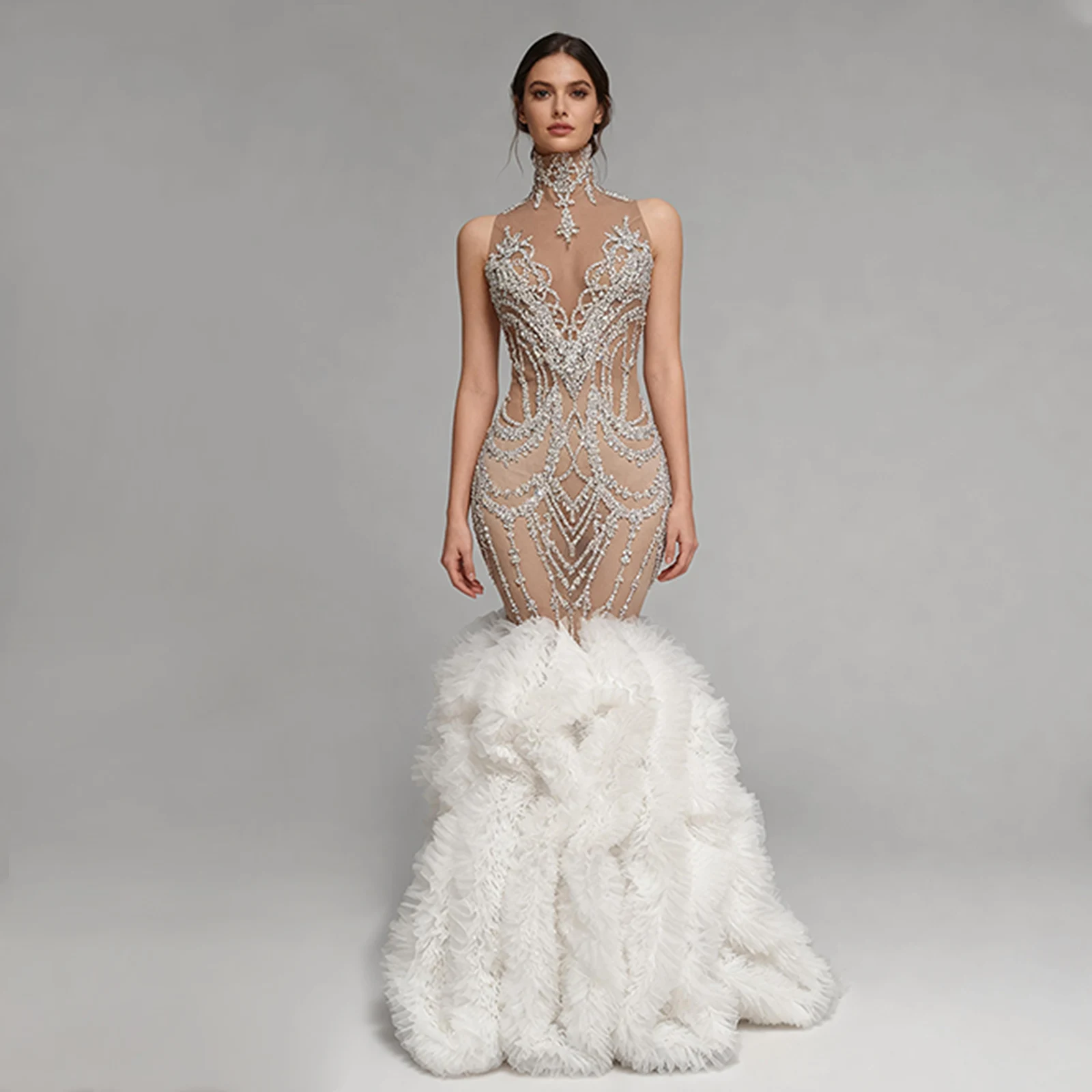 عالية الرقبة انظر من خلال حجر الراين ذيل السمكة فستان أبيض ريشة تنورة فاخرة مأدبة فستان طويل المغني والمشاهير فستان الزفاف #1