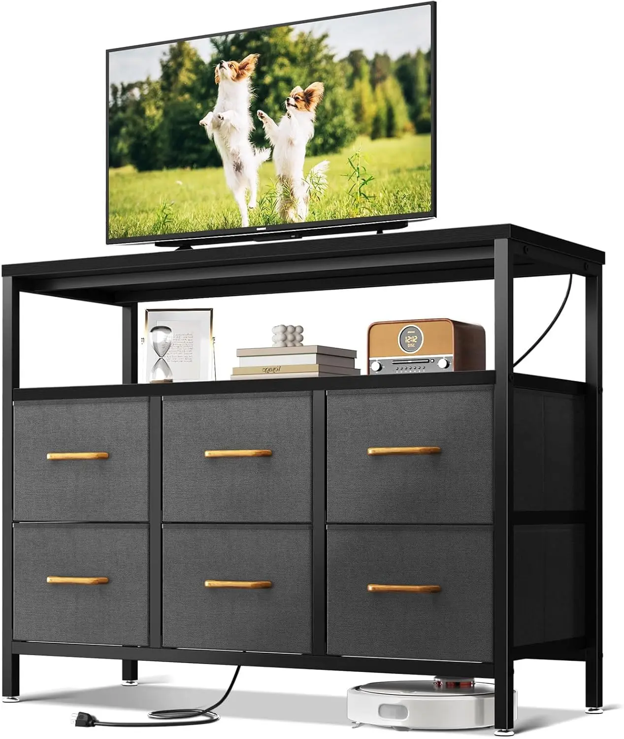 

TV Stand with Power Outlet, 40" Long TV Stand with 6 Large Fabric Drawers, Entertainment Center with Open Shelves for 55 Inch TV