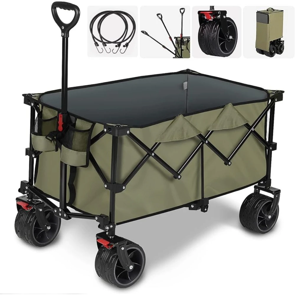 

Camping Wagon Heavy Duty Folding Utility Garden Cart With Big All-Terrain Beach Wheels & Drink Holders Trolley Supplies Home