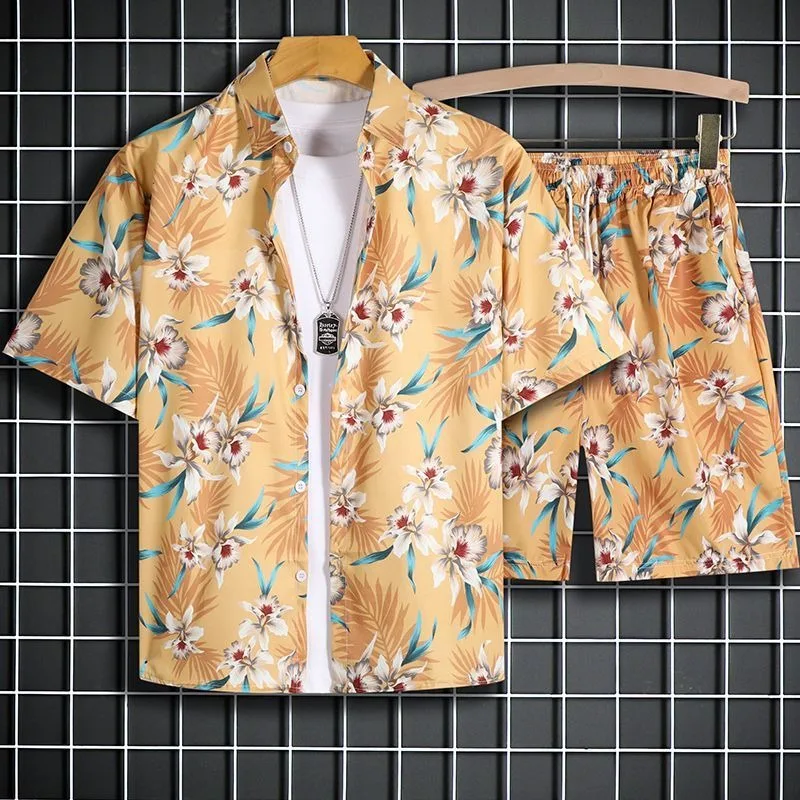

Hawaii Handsome Men 2 Piece Sets Summer Short Sleeve Lapel Shirts and Shorts Art Yellow Flower Blouse Elastic Waist Pants Casual