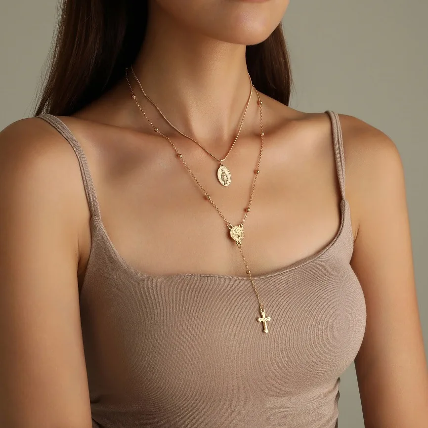 Cross Pendant Necklace, Women's Fashion Metal Layered Clavicle Chain, Elegant Daily Accessory